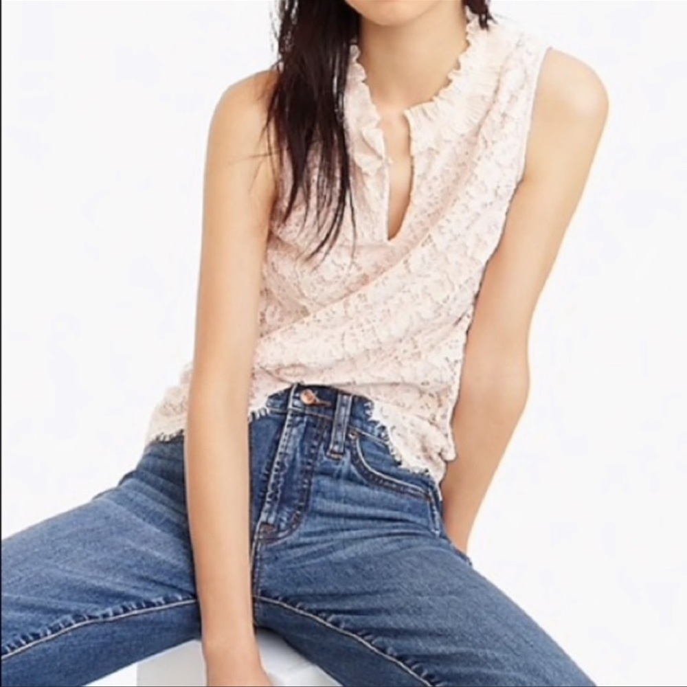 J. Crew Lace Ruffle Neck Tank Top Size Small Dune Ivory